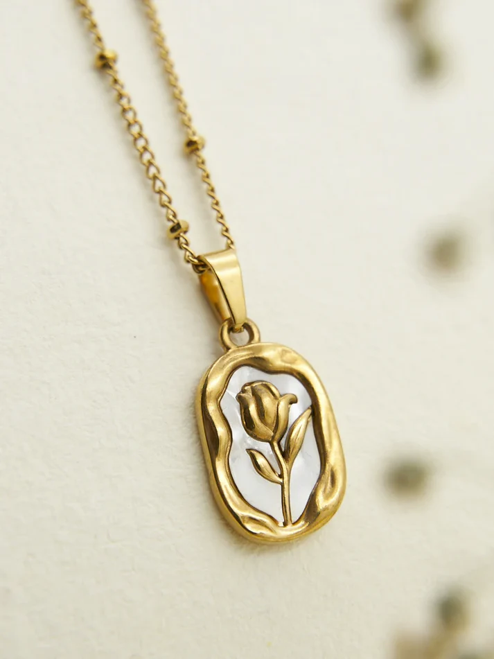 Elegant Gold Rose Pendant Necklace – Minimalist Flower Medallion with Delicate Beaded Chain | Timeless Women’s Gift