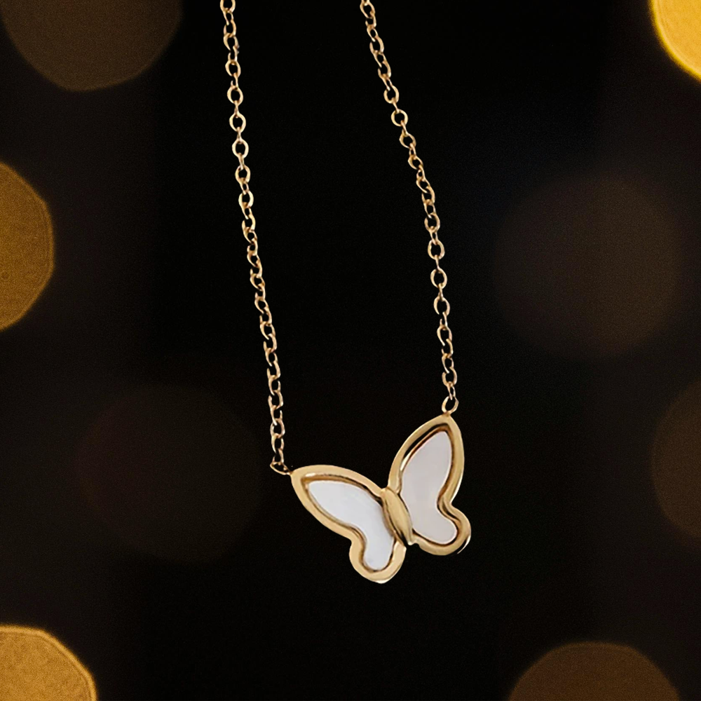 Gold Butterfly Pendant Necklace – Dainty White Enamel Butterfly Jewelry for Women