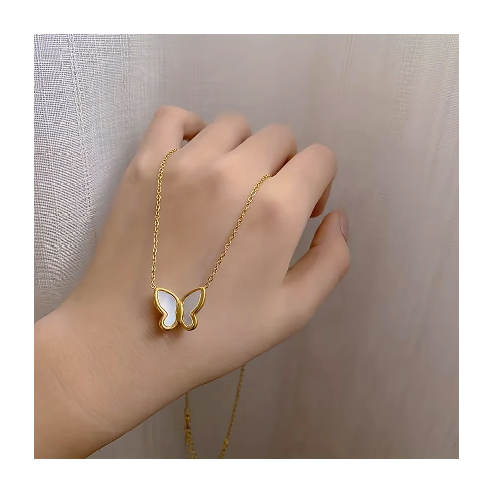 Gold Butterfly Pendant Necklace – Dainty White Enamel Butterfly Jewelry for Women
