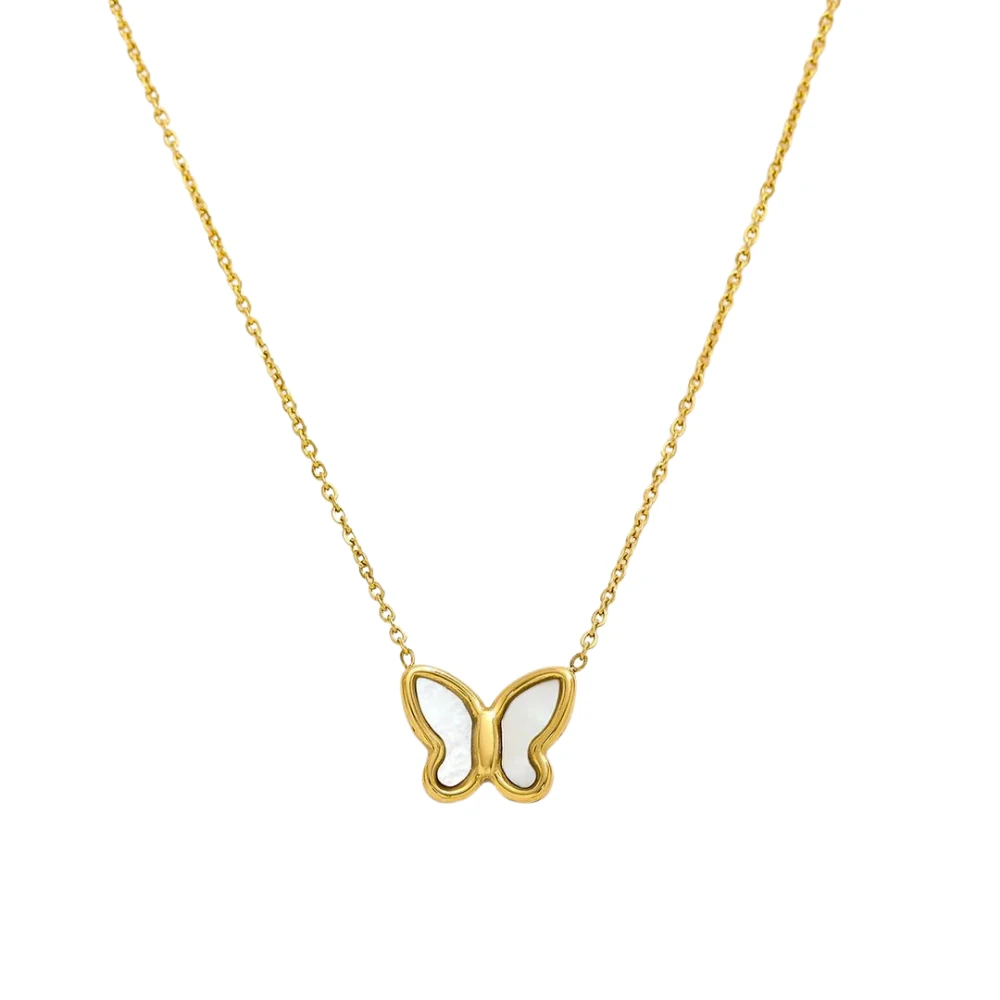 Gold Butterfly Pendant Necklace – Dainty White Enamel Butterfly Jewelry for Women