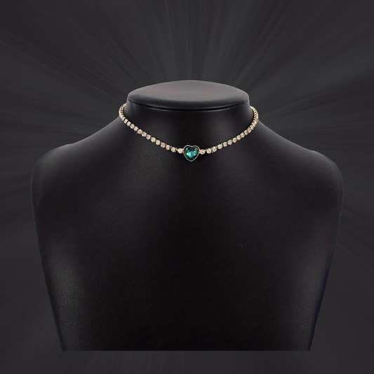 Emerald Green Heart Crystal Choker Necklace – Dainty Rhinestone Chain Jewelry for Women