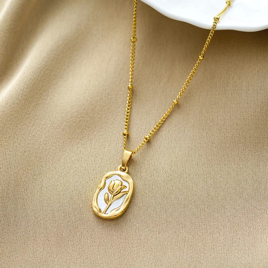 Elegant Gold Rose Pendant Necklace – Minimalist Flower Medallion with Delicate Beaded Chain | Timeless Women’s Gift