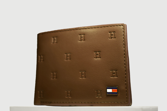 Tommy Hilfiger Men's Brown Leather Bifold Wallet - Embossed H Monogram Pattern - Classic American Designer Wallet with Gift Box